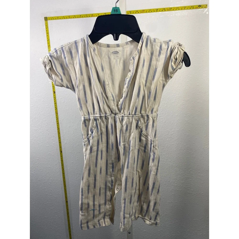 Old Navy Baby Romper 12-18M Blue White Ikat Stripe Henley Snap‎ Inseam One Piece